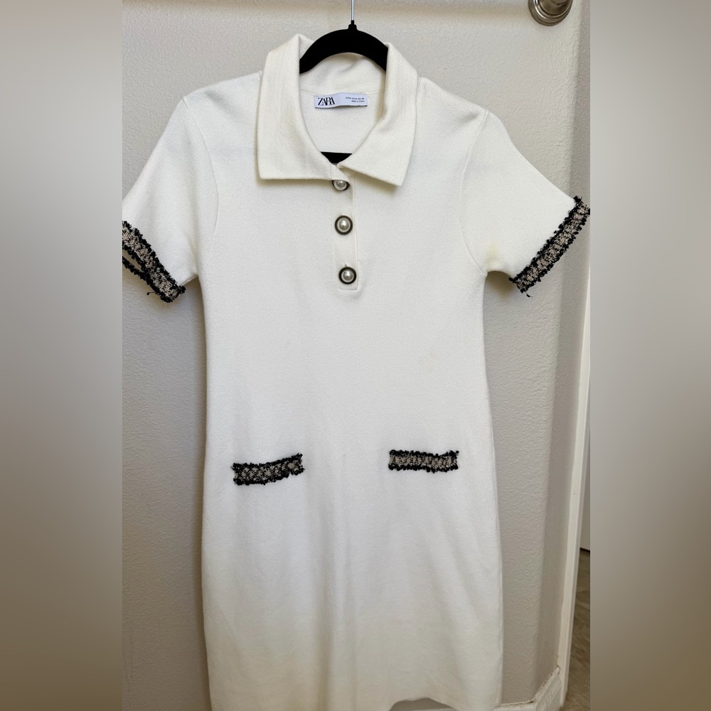 ZARA White Knit Polo Dress with Black Trim